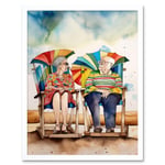 Happy Elderly Couple On Summer Beach Chairs Watercolour Painting Art Print Framed Poster Wall Decor 12x16 inch