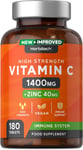 Vitamin C and Zinc Tablets | 180 Count | High Strength Vitamin C 1400Mg and Zinc