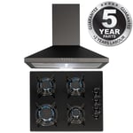 SIA 60cm Black 4 Burner Gas On Glass Hob And Pyramid Chimney Cooker Hood Fan