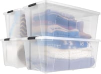 Iris Ohyama, Grande Boite Rangement Plastique avec Couvercle, 80L, Lot de 4, Transparent, Clips de Fermeture, Poignée, Empilable, Portable, Solide & Durable, pour Literie, Dressing, Chambre, TB-84D