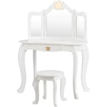 Coiffeuse Enfant avec Tabouret et Miroir Amovible Pliable à 3 Volets, Ensemble de Coiffeuse 2-en-1 Moderne avec Décorations Couronne, Blanc/Rose