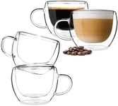 BOQO Glass Coffee Mugs Set of 4, 8oz Double Walled Insulated Drinking Glass Coffee Mugs with Handle,Perfect for Latte, Cappuccinos, Tea Bag, Juice (240ml Water Glasses)