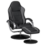 AMSTYLE Fauteuil TV Design TV Relax réglable Racing Moderne Housse en Cuir synthétique Noir/Gris Pivotant avec Tabouret 110 kg avec accoudoirs et Tabouret Fauteuil de Gaming sans Moteur