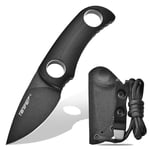 TONIFE Runer Couteau de cou fixe avec fourreau et lanière,4,7cm lame Full Tang Edc Couteau de cou pour l'extérieur (Noir+Oxide Noir puis Stonewash)