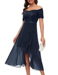 Berylove Robe de soirée longue à paillettes pour femme - Robe de cocktail élégante pour mariage - Robe à épaules dénudées - Robe de bal, bleu marine, S