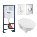 Villeroy & Boch Pack WC suspendu PMR sans bride O.novo vita + abattant + plaque + bâti Grohe, plaque blanche