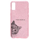 Coque Iphone XR paillettes rose chat noir personnalisee