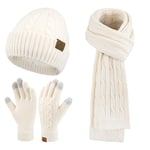 Femme Hiver Bonnet Chapeau Écharpe Écran Tactile Gants Ensemble Chaud Tricot Polaire Doublé Casquette Foulard Gant Cadeaux de Noël Anniversaire pour Femmes