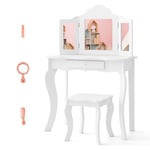 COSTWAY Coiffeuse et Tabouret pour Enfants, avec Miroir à 3Panneaux et Tiroir, Coiffeuse Amovible 2 en 1, Meuble MDF, 70 x 34 x 104 CM, Rose (Blanc)