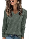 Aokosor V Neck Jumpers for Women UK- Ladies Basic Lightweight Jumpers Women Long Sleeve Tops for Leggings Tunic Green Size 6-8