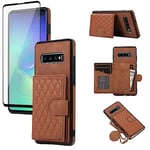 Asuwish Phone Case for Samsung Galaxy S10 Wallet Cover with Tempered Glass Screen Protector and Crossbody Strap Lanyard Credit Card Holder Stand Multiple Cell S 10 Edge 10S GS10 X10 Women Girls Brown