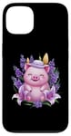 Coque pour iPhone 13 Cochon en style dessin animé kawaii avec lavande et lys