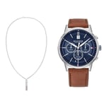 Tommy Hilfiger Jewelry Collier pour Homme en Acier inoxidable - 2790314 + Montre Analogique Multifunction à Quartz pour Homme avec Bracelet en Cuir Marron Clair - 1791629