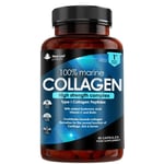 Super Collagen Tablets 100% Marine Collagen 1470mg Type 1 - Hydrolysed Collagen Peptides Enhanced with Hyaluronic Acid & Vitamin C - 60 Capsules