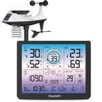 Raddy VP7 Station météo sans fil avec capteur extérieur 6 en 1 – Température, humidité, pression barométrique, pluviomètre, vitesse et direction du vent, écran 7,4" avec radio-réveil atomique