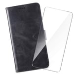 HYMY Leather Case for Alcatel 1B 2020 + Tempered Film - Black Simple Style TPU Silicone + PU Protection Cover Fashion Skin Shell Screen Protector for Alcatel 1B 2020-XNP