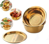 SUNSENGEUR 3PC/Set Colander Set Stainless Steel Vegetable Slicer Fruit Potato Peeler Carrot Grater Strainer Utensil Round Rice Washer Bowl Drain Basket-Gold