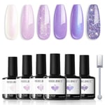 Modelones Vernis Semi Permanent,Vernis Gel UV Semi Permanent Kit Série Paillettes Blanc Violet 6 Couleur Vernis à Ongles Semi Permanent Soak Off Gel Polish French Manucure Adapté au Été Fête