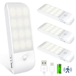 Veilleuse avec Détecteur de Mouvement, Lot de 4 Veilleuse LED Rechargeable Type-C avec 3 Modes d'éclairage, Lampe de Placard avec Bande Magnétique pour Armoire, Couloir, Escalier, Cuisine, Blanc Chaud