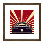 Into the Sunset Retro Man Cave Racing Car Illustration Red Black Square Wooden Framed Wall Art Print Picture 8X8 Inch