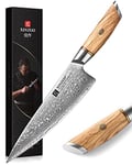 XINZUO 21.2cm Couteau de Chef 73 Couches Acier en Poudre de Damas, Couteau de Cuisine Professionnel Couteau à Gyuto, Lames Bien Tranchantes Forgé à la Main-Poignée en Bois d'Olivier-Série Lan