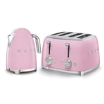 Smeg Kettle & 4-Slice 2000W Toaster, Stainless Steel, Pastel Pink