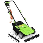 COSTWAY Scarificateur Electrique 1500W-2 en 1 Emmousseur-Largeur 32 cm-Bac de Ramassage 30 L-4 Profondeurs-2 Lames Amovibles-Vert