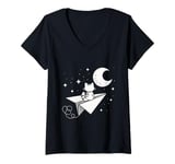 Womens Cat Fly Me to the Moon Paper Plane Moon Cute V-Neck T-Shirt