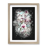 Pink Magnolia Blossom Tree Paint Splash Modern Framed Wall Art Print, Ready to Hang Picture for Living Room Bedroom Home Office Décor, Oak A2 (64 x 46 cm)