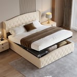 Lit coffre double avec sommier à lattes et tête de lit et pied avec rivets à tirette, style élégence, bois & flanelle, beige blanc 160x200cm