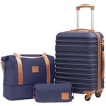 COOLIFE Set de Valises-Voyage Valise ABS avec Cadenas TSA Poignée télescopiq,1 Bagage Cabine Extensibles et 1 Portable Trousse de Maquillage (Abricot/Bleu Marine, Set de 3 Valises (20"))