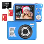 Digital Camera 2.7 Inch 1080P 30 Mega Pixels HD Vlogging Camera Rechargeable Digital Cameras with 8x Zoom Compact Camera for Beginner Photography with 32GB SD Card and 2 Batteries（Blue）