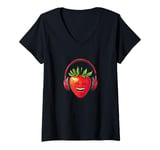 Womens Funny Strawberry with Headphones for Music and Fruits Lovers V-Neck T-Shirt