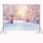 Nouveau 7x5ft Hiver Neige Paysage Toile de Fond Blanc Neige scène Route forêt pin Arbre Bokeh noël Photographie Fond décoration Photo Studio Accessoires Paillettes Photobooth bannière Fournitures