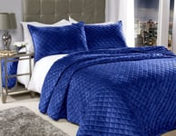 Quilted Velvet Bedspread Bed Throwover 2 Pillow shams Navy Blue Double or King