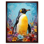 King Penguin in Colourful Floral Flowers Nest Thick Paint Oil Painting Yellow Black Blue Colourful Artwork Art Print Framed Poster Wall Decor 12x16 in