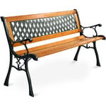 Banc de Jardin en Fonte pour 2-3 Personnes, Siège à Lattes en Bois de Pin-Accoudoirs-Pieds Durables, Utilisation en Extérieur, Charge Max 210KG