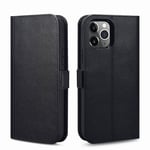 iPhone 12 Pro / iPhone 12 - ICARER 2-i-1 ægte læder cover / pung - aftageligt - Sort