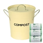 Cream Compost Caddy & 150x 6L Biobags - Kitchen Compost Bin - Metal Pail