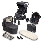 BABYGO Poussette 3 en 1 Styles – Accessoire de sport et baignoire séparés et siège auto – Sac à langer/housse de pluie/matelas – Noir