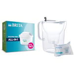 BRITA MAXTRA PRO All in One Water Filter Cartridge,Pack of 12 & Style XL Water Filter Jug Grey (3.6 Litre) with 1x MAXTRA PRO All-in-1 Cartridge - Large Volume Design jug with Smart LED-LTI