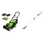 Greenworks Tondeuse à gazon Largeur de coupe 41cm avec bac de ramassage 50 et réglage centralisé de la hauteur de coupe en 6 volets + Taille-haie télescopique 24V 51cm + Batterie 2x24V 2Ah + Chargeur