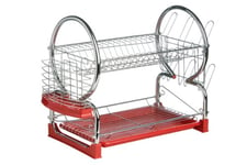 Premier Housewares 2 Tier Dish Drainer, Dish Rack with Drip Tray, Sink Caddy - Chrome/Red