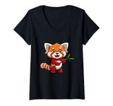 Womens Adorable Red Panda Holding Bamboo Cute Art V-Neck T-Shirt