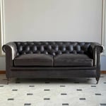 La Grande Prairie - Canapé chesterfield cuir noir 3 places 190x77x80cm