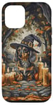 iPhone 15 Pro Funny Blue and Tan Dachshund Dog Witch Hat Halloween Men Case