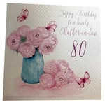 WHITE COTTON CARDS BD 44–80 "Motif Pissenlit Happy Birthday to a Lovely mère-in-Law 80 cm Carte pour 80ème Anniversaire Faite à la Main Blanc