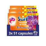 Surf 3 in 1 Passion Bloom Laundry Washing Detergent Capsules 153 washes (3x 51 capsules) joy-infused fragrance with natural essential oil lasting up to 12 hours in wear for brilliantly clean results