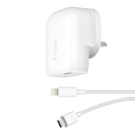 Belkin 30W USB C Wall Charger with USB-C to Lightning Cable, PPS, PowerDelivery, USB-IF Certified PD 3.0 Fast Charging for iPhone 14/14 Plus, Pro, Pro Max, and More
