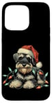 Coque pour iPhone 15 Pro Max Schnauzer Cordon lumineux de Noël à mâcher mignon Noël